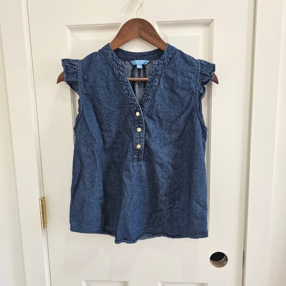 Draper James RSVP Denim Top XS Blue Sleeveless Ruffle Button - Picture 2 of 5